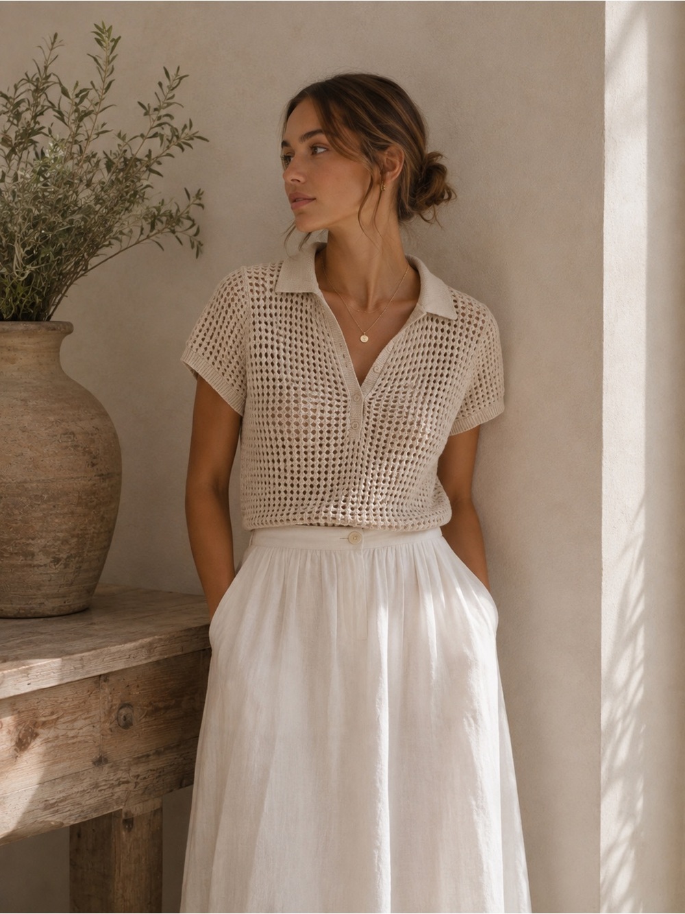 CALVIN KLEIN | 100% Cotton | Open Knit Collared Shirt | Minimalist Capsule Piece